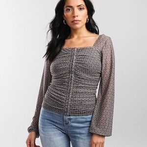 Gimmicks -1806 Multicolor Floral Printed Mesh Square Neck Long Sleeve Ruched Top